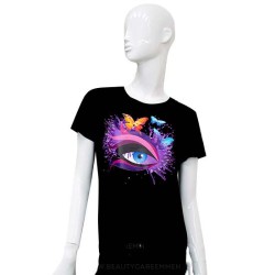 Zwart T-shirt vlinders en oog roze wimper Zwart T-shirt vlinders en oog roze wimper