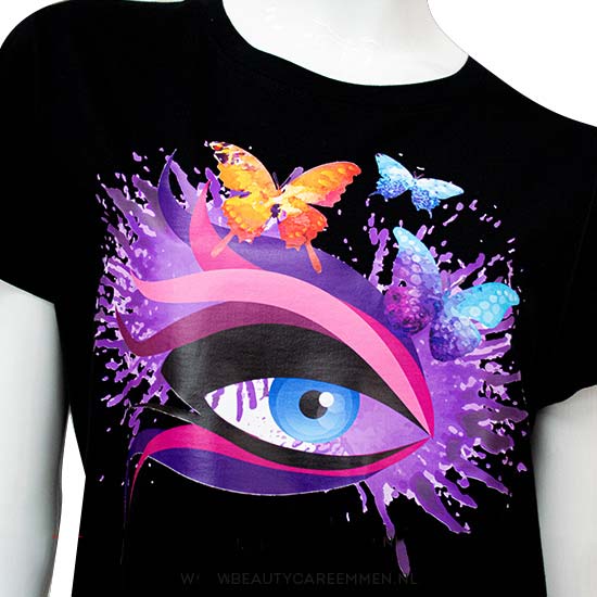 Zwart T-shirt vlinders en oog roze wimper