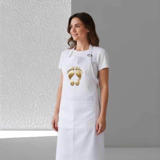 Water en olieafstotende Pedicure Schort met opdruk - Voeten blad als hak - Kleur: Goud