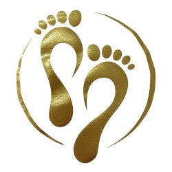 Water en olieafstotende Pedicure Schort met opdruk - Voeten in open cirkel - Kleur: Goud