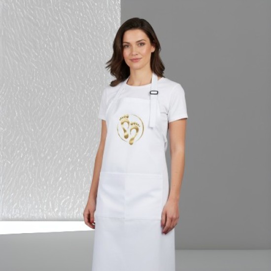 Water en olieafstotende Pedicure Schort met opdruk - Voeten in open cirkel - Kleur: Goud