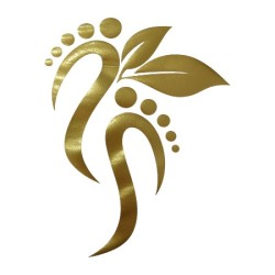 Water en olieafstotende Pedicure Schort met opdruk - Voeten boven elkaar met 2 blaadjes - Kleur: Goud