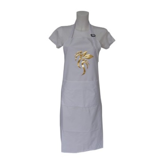 Water en olieafstotende Pedicure Schort met opdruk - Voeten boven elkaar met 2 blaadjes - Kleur: Goud