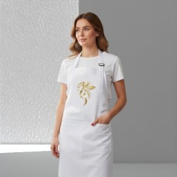 Water en olieafstotende Pedicure Schort met opdruk - Voeten boven elkaar met 2 blaadjes - Kleur: Goud