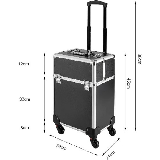 Beautykoffer - Beauty Trolley - Beautycase - Nagel Trolley - HA36: Zwart-Zilver