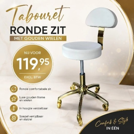 Tabouret Ronde Zit - Wit met gouden wielen